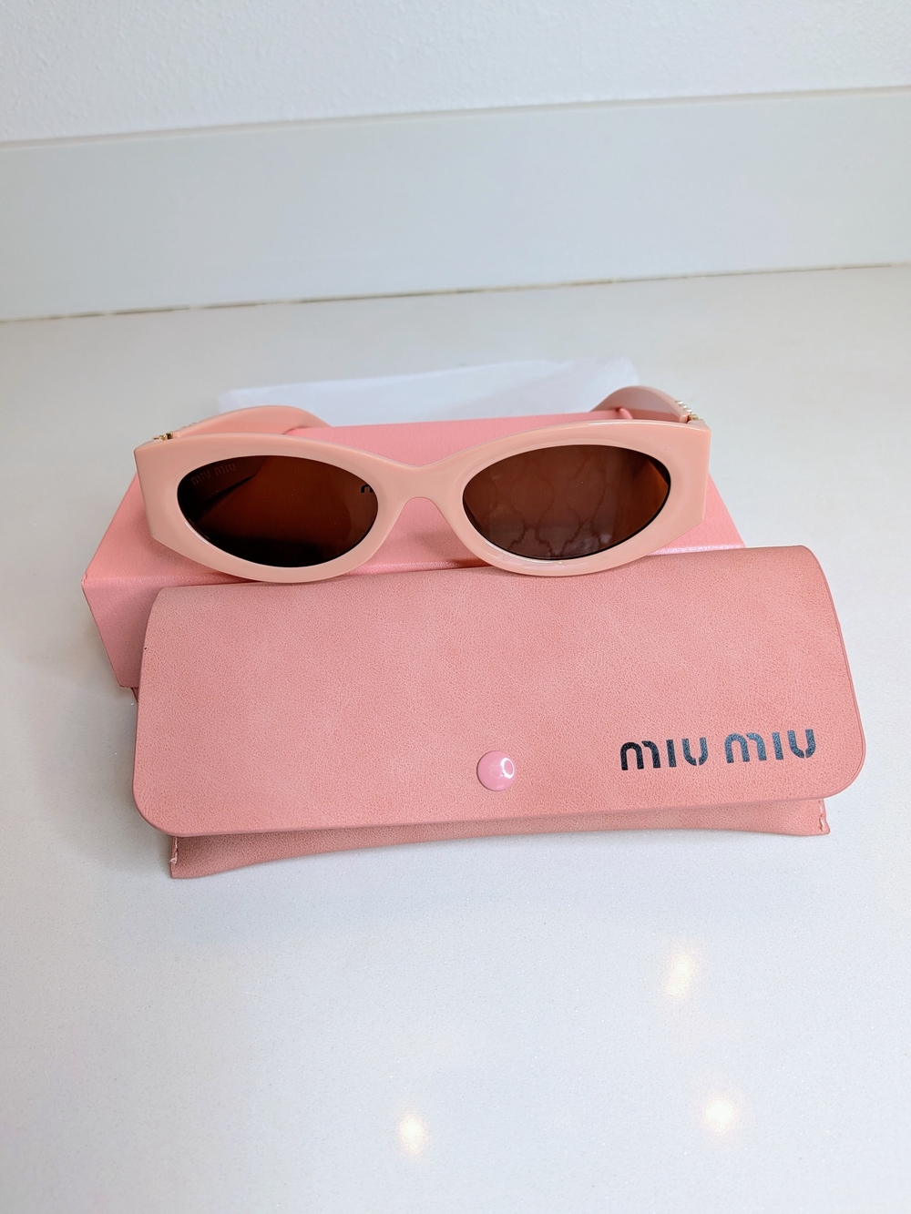 Miu Miu Oval Sunglasses Pink Gold Logo Brown Lenses - Picture 7 of 11